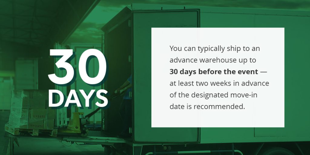 Advance warehouse shipping guidelines and timeline infographic.